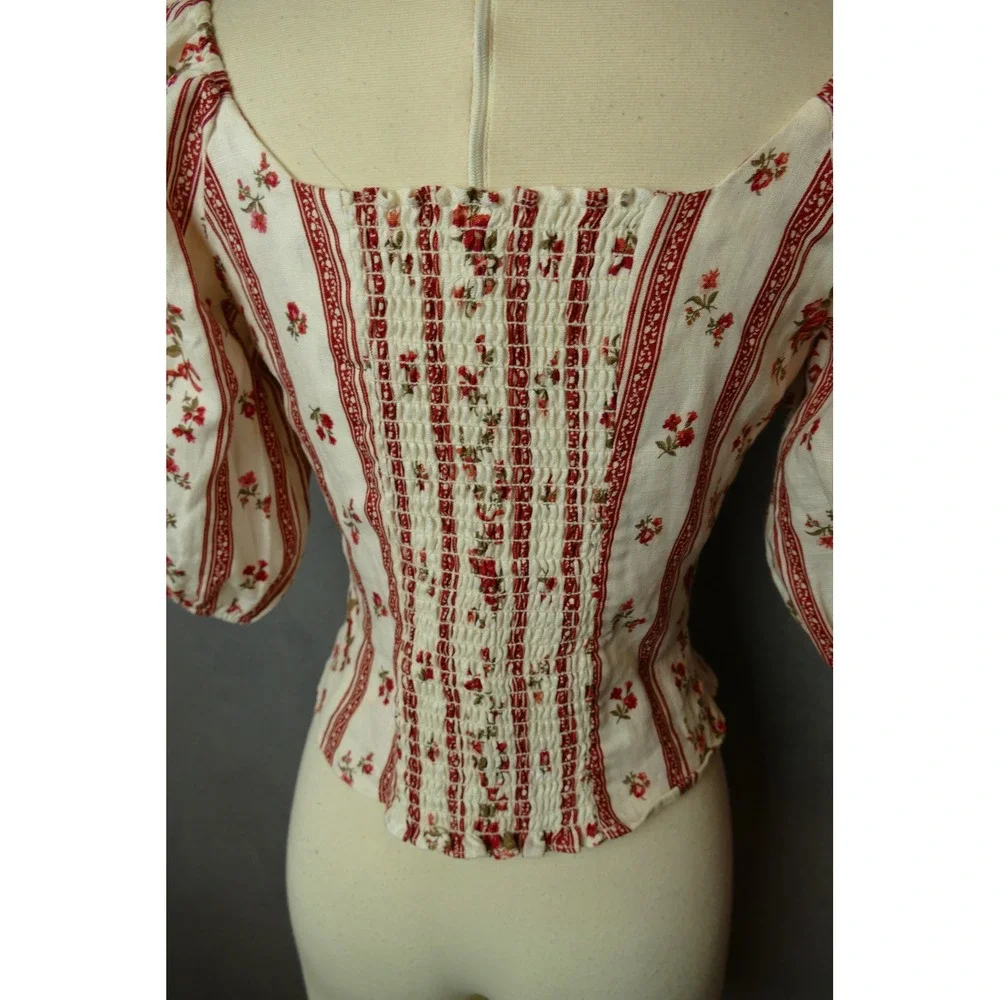 Reformation Romi Striped Floral Corset Puff Sleeve Square Neck Hook and Eye SZ 6